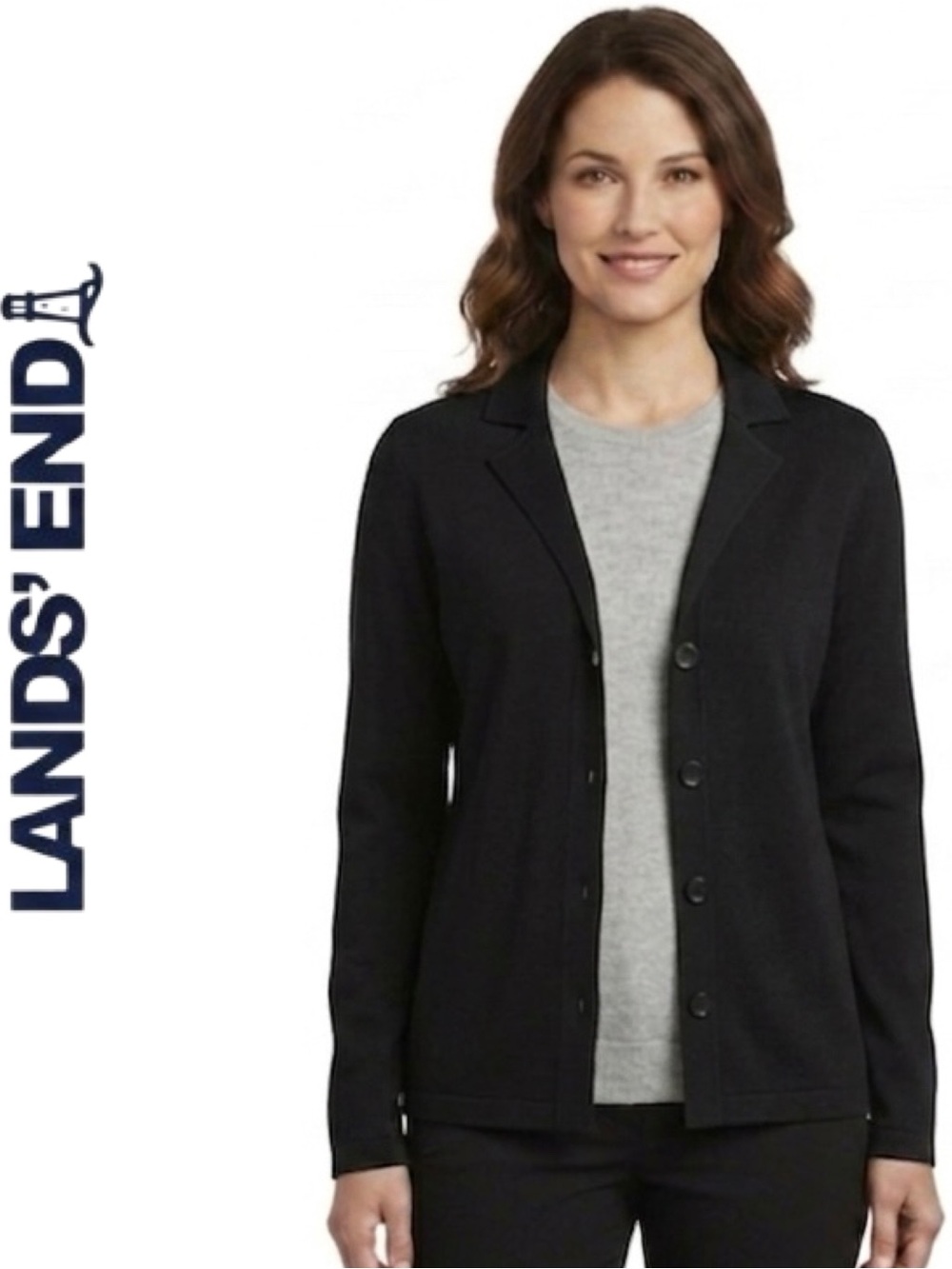 NEW Lands End Fine Knit Long Sleeve Black Collar Cardigan - XS (Fits S/M)